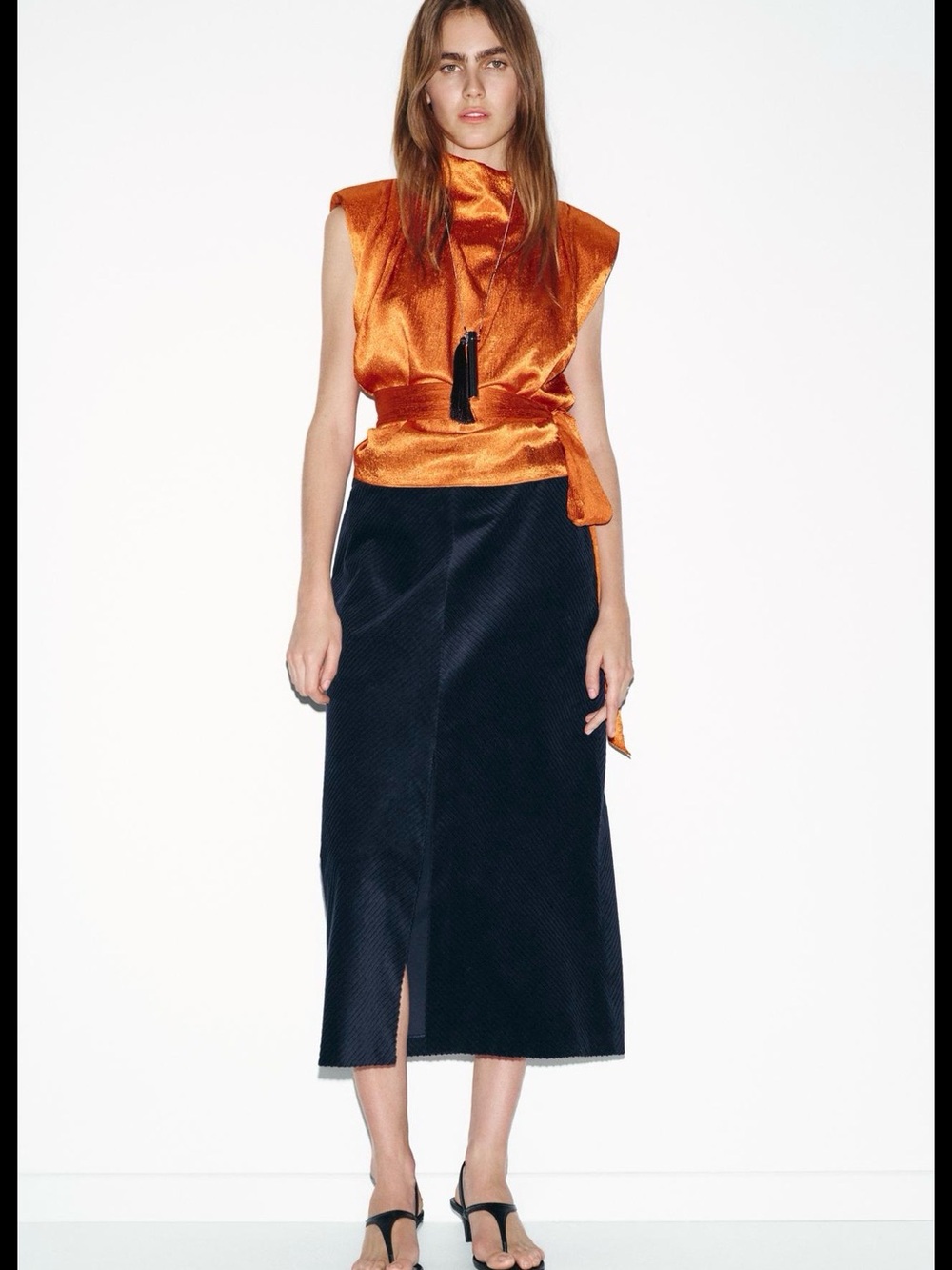 ZARA Blue Midi Corduroy Skirt with Front Slit